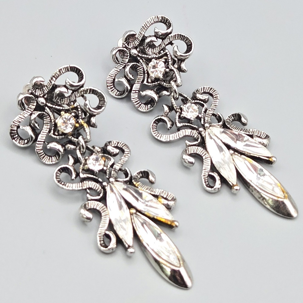 Vintage Silver Tone Scroll Filigree Crystal Drop Clip On Earrings Made in USA